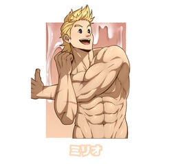 1boy abs bara blonde_hair blue_eyes completely_nude excessive_cum inunekostudio male male_focus male_only male_pubic_hair mirio_togata muscular muscular_male my_hero_academia navel navel_hair nipples nude pectorals pubic_hair scar_on_arm short_hair six_fanarts_challenge smile solo spiked_hair stretch upper_body