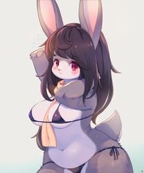 1girls anthro arms_behind_head bikini black_hair blush bunny_ears bunny_tail countershading cute female female_only fur furry furry_only grey_fur highres lagomorph leporid long_hair looking_at_viewer rabbit red_eyes scarf solo solo_female white_background whooo-ya