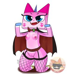 anthro blue_eyes breasts cape clothing domestic_cat equid equine fangs felid feline felis female fishnet fishnet_legwear foxart950 fur genitals hi_res horn hybrid kneeling lego legwear mammal nude open_mouth pink_body pink_fur pussy simple_background small_breasts smile solo teeth the_lego_movie tongue unikitty white_background