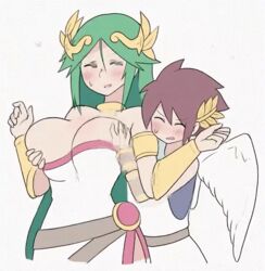 animated blush breast_grab breast_massage eyes_closed kid_icarus nintendo palutena pit_(kid_icarus) sweat white-stew