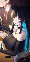 1boy black_hair cleavage dress female fully_clothed huge_breasts long_hair looking_at_viewer necklace nervous original original_character pale_skin photo posing restaurant resting_breasts sitting smiling xiujia_yihuizi yellow_eyes