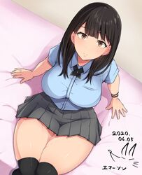 big_ass big_breasts big_butt brown_eyes brown_hair emaason huge_ass huge_butt looking_at_viewer medium_hair original pov_eye_contact school_uniform student thick_thighs thighhighs wide_hips