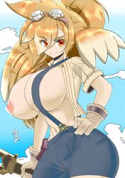 1girls eyebrows_visible_through_hair goggles goggles_on_head hair_over_one_eye huge_breasts humanized kazuya_zoey lactation long_hair nintendo overalls rule_63 solo topless tora_(xenoblade) xenoblade_(series) xenoblade_chronicles_2