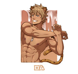 1boy abs animal_ears bara completely_nude excessive_cum gay inunekostudio jaguar_boy jaguar_ears jaguar_tail light_brown_hair male_focus male_only male_pubic_hair muscular muscular_male navel navel_hair nipples nude pectorals pubic_hair rom_(show_by_rock!!) short_hair show_by_rock!! six_fanarts_challenge smile solo stretch tail upper_body