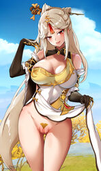 >:) anime_style artist_name ass_visible_through_thighs bangs bare_shoulders black_gloves blonde_pubic_hair blush breasts censored china_dress chinese_clothes claw_ring closed_mouth cloud cloudy_sky covered_navel cowboy_shot day dress dress_lift elbow_gloves female foxy_rain_(foxyreine) foxyrain_(foxyreine) foxyreine fur_collar genshin_impact gloves hair_ornament hair_stick head_tilt highres large_breasts lifted_by_self mosaic_censoring ningguang_(genshin_impact) no_panties outdoors parted_bangs pelvic_curtain pubic_tattoo red_eyes red_lips signature silver_hair sky sleeveless sleeveless_dress smile smug solo tassel tattoo thigh_gap thighs v-shaped_eyebrows white_dress