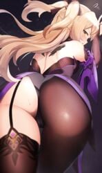 ass bare_shoulders big_ass blonde_hair blush cameltoe embarrassed fantongjun female fischl_(genshin_impact) from_behind fully_clothed garter_straps genshin_impact gloves green_eyes hair_ribbon huge_ass leaning leaning_forward long_hair looking_at_viewer looking_back open_mouth pantyhose shiny shiny_clothes shiny_hair shiny_skin short_shorts shorts single_glove single_thighhigh solo thigh_gap two_side_up