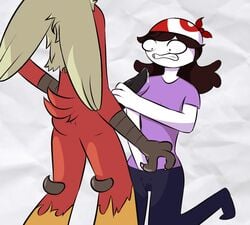 1boy 1girls blaziken brown_hair chinigan clothed cum cum_leaking erection feathers female_human fully_clothed genitals hair hand_in_pants hand_on_penis handjob hat human human_on_anthro human_on_feral interspecies jaiden jaiden_animations long_hair male male/female male_blaziken male_pokemon male_pokemon/female_human masturbation on_knees penis pokemon pokemon_(species) pokephilia red_body red_feathers shocked simple_background tail talons tapering_penis teeth white_skin youtube youtuber