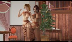 2girls big_breasts blake_monteen busty christmas christmas_outfit christmas_tree curvy dark-skinned_female honey_select_2 multiple_girls nipples nude pose pussy red_hair ribbon ribboned_body shanodeshano studio_neo two_tone_hair