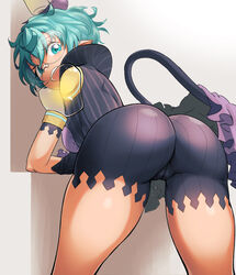 1girls ass bike_shorts cameltoe glasses green_hair looking_back natto_soup nintendo open_mouth pandoria_(xenoblade) pointy_ears presenting_hindquarters short_hair smile solo tail xenoblade_(series) xenoblade_chronicles_2