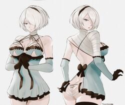 1girls ass cosplay female female_only hair_over_one_eye kaine_(nier)_(cosplay) large_ass looking_back mole mole_under_mouth nier:_automata nier_(series) nier_replicant panties short_hair solo square_enix the_kingduke thighhighs tommietomm white_hair wide_hips yorha_2b