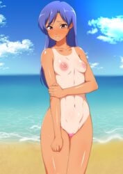 abs absurdres beach blue_hair blue_sky blush breasts brown_eyes censored cleavage cloud collarbone completely_nude day embarrassed eyelashes female furrowed_eyebrows heart heart_censor highres hip_bones holding_own_arm idolmaster idolmaster_(classic) jabara_tornado kisaragi_chihaya long_hair looking_at_viewer muscular navel nipples nude ocean one-piece_tan outdoors pussy pussy_juice sky small_breasts solo sweat tan tanline thick_thighs thighs toned wide_hips