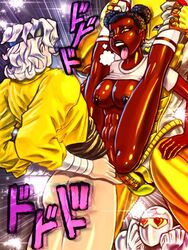 afro_puffs black_hair black_shirt breasts brown_eyes crossover dark-skinned_female diesel_(comic) dio_brando double_penetration female full_nelson headband heart_eyes jojo's_bizarre_adventure kneehighs lips may's_stand may_evans shirt_up stand_(jjba) stardust_crusaders the_world tongue_out white_body white_shirt yellow_jacket_(clothing)