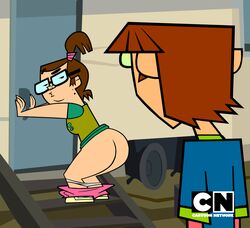 1boy 1girls accurate_art_style bending_over beth_(tdi) big_ass bubble_ass bubble_butt cartoon_network clothed female glasses half-closed_eyes half-dressed hands_on_wall harold_(tdi) kissy_face looking_back nerdy_female outside panties_down pants_down pawg ponytail presenting_ass public seductive_look skirt_lift straight total_drama_island unseen_male_face venturatheace