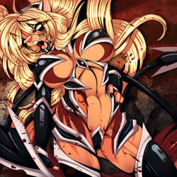 abstract_background angel_kryis anthro armor big_breasts black_lips blonde_hair blood breasts cleavage clothed clothing crystal-for-ever elbow_gloves facial_piercing fangs feline female female_only fingerless_gloves gloves glowing glowing_eyes hair lip_piercing lip_ring lips long_hair makeup mammal nails navel open_mouth piercing pink_nose skimpy solo teeth thighs tongue unconvincing_armor under_boob white_eyes