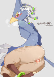 after_sex anal anthro aooni ass avian beak bird blue_body blue_feathers blush bodily_fluids braided_hair breath_of_the_wild cum cum_in_ass cum_inside embarrassed feathers genital_fluids hair hi_res japanese_text looking_back male nintendo nude revali rito text the_legend_of_zelda video_games