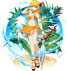 1girls alia android bangs beach bikini blonde_hair blue_eyes bra breasts capcom cleavage clothed eyebrows_visible_through_hair female full_body hair_between_eyes hand_in_hair headgear highres holding large_breasts long_hair mega_man mega_man_x mega_man_x_dive mizuno_keisuke official_art panties parasol reploid robot robot_ears robot_girl robot_joints rockman rockman_x sarong smile solo standing starfish summer swimsuit transparent_background umbrella water