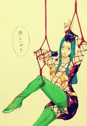 1boy bondage clothed crossdressing fishnets jojo's_bizarre_adventure long_hair male_only narciso_anasui panties restrained rope rope_bondage shibari_over_clothes skimpy solo_male stone_ocean suspension thigh_boots thighhighs upskirt