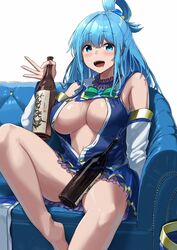 1girls alcohol aqua_(konosuba) aqua_hair areola_slip areolae barefoot blue_eyes blush bottle breasts buttons couch drunk feet kono_subarashii_sekai_ni_shukufuku_wo! large_breasts no_panties noeru open_clothes open_mouth open_shirt ribbon skirt solo