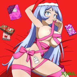 1girls areolae arm_behind_head bed big_breasts blue_eyes blue_hair breasts christmas covered_nipples female female_only hat long_hair looking_at_viewer lying my_hero_academia nail_polish naked nejire_hado nipples nude on_bed one_breast_out presents ribbon ribboned_body rjamal santa_hat wrapped