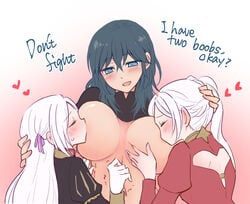 3girls blue_eyes blush breast_grab breast_sucking breasts breasts_out byleth_(fire_emblem) byleth_(fire_emblem)_(female) clothed_female color dialogue double_breast_sucking dual_persona edelgard_von_hresvelg english_dialogue english_text female female_focus female_only female_protagonist fire_emblem fire_emblem:_three_houses gentle_mommy hair_ornament hand_on_head huge_breasts large_breasts long_hair medium_hair multiple_girls nagasawa_(tthnhk) nintendo ponytail post-timeskip side_ponytail smile teal_hair text video_games white_hair yuri