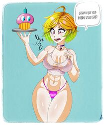 1girls abs breasts chica_(fnafhs) cleavage cosplay female female_focus female_only five_nights_at_freddy's five_nights_at_freddy's_2 fnaf fnaf_2 fnafhs fnafhs_z3ro highleg_panties multicolored_hair muscular_female no_pants panties pink_panties scottgames spanish_text string_panties tagme tank_top thighs thin_waist toy_chica_(cosplay) toy_chica_(fnaf)_(cosplay)