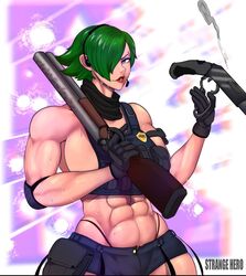 abs avis_(strangehero) big_breasts bulletproof_vest double-barreled_shotgun firearm green_hair gun guns headset huge_breasts large_breasts muscular muscular_female police policewoman shotgun solo strangehero weapon