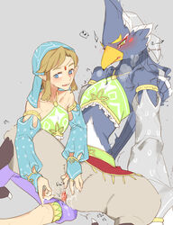 animal_genitalia anthro aooni avian beak blonde_hair blue_body blue_feathers blush breath_of_the_wild cloaca cloacal clothed clothing crossdressing duo feathers genitals hair hi_res humanoid hylian link male male/male nintendo revali rito sex size_difference small_dom_big_sub the_legend_of_zelda video_games