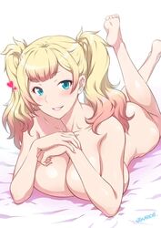 ass bed blonde_hair blue_eyes blush breasts colored_nails ear_piercing eyebrows_visible_through_hair feet gyaru heart heart-shaped_pupils huge_ass huge_breasts jk_bitch_ni_shiboraretai joy_ride looking_at_viewer nude smile soles solo_female teeth twintails two_tone_hair yariko