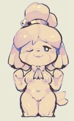 accessory animal_crossing anthro black_nose bow_tie breasts canid canine canis domestic_dog female from_behind_position fur genitals hair hair_accessory hair_tie half-closed_eyes humanoid_genitalia humanoid_pussy isabelle_(animal_crossing) mammal monochrome mostly_nude narrowed_eyes navel nintendo nipples nude one_eye_closed plantigrade pussy sex shih_tzu simple_background sketch smile solo standing star-rod toy_dog video_games