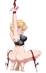 ass barefoot blonde_hair blush bondage breasts censored clenched_teeth closed_eyes dildo dildo_riding eyebrows_visible_through_hair female from_behind full_body highres large_breasts mizuhashi_parsee mosaic_censoring nose_blush ootsuki_wataru pointy_ears pokies restrained rope sex_toy short_hair simple_background solo squatting sweat teeth touhou white_background