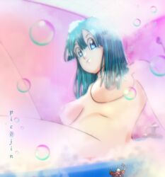 artist_name bath bathroom blue_eyes blue_hair breasts bubbles bulma_briefs clothed_male_nude_female color dragon_ball foam giantess larger_female looking_down master_roshi micro_band_(dragon_ball) nipples older_male picojin size_difference smaller_male teenager