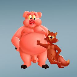 absurd_res anthro balls belly big_balls big_penis canid canine canis coyote digital_media_(artwork) domestic_pig duo flaccid fur genitals hi_res humanoid_genitalia humanoid_penis male male/male male_only mammal moobs navel nipples nude overweight overweight_anthro overweight_male penis sibluself simple_background slightly_chubby small_penis smile suid suina sus_(pig)