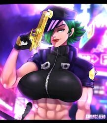 abs avis_(strangehero) big_breasts golden_gun green_hair gun huge_breasts large_breasts muscular muscular_female police_hat police_uniform policewoman solo strangehero