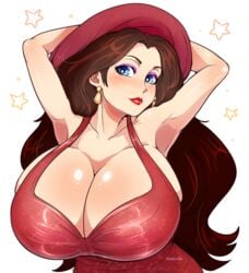 1girls arms_behind_head arms_up big_breasts bimbo blue_eyes breasts brown_hair brunette cleavage clothed clothing dress earrings eyeshadow female female_only hat huge_breasts human human_only lipstick long_hair looking_at_viewer mario_(series) nintendo pauline pinkkoffin red_dress shiny shiny_skin solo solo_female suggestive super_mario_odyssey