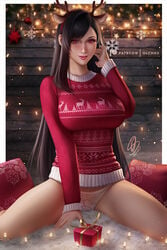 1girls big_breasts black_hair blush blushing breasts christmas female female_only final_fantasy final_fantasy_vii final_fantasy_vii_remake gift headgear hi_res large_breasts olchas panties patreon postcard red_eyes smile solo spread_legs square_enix sweater tifa_lockhart top