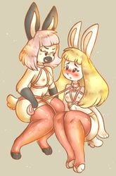 anthro blonde_hair blush bondage bondage_gear bound breasts clothing collar domestic_rabbit duo dwarf_rabbit female female/female hair harness lagomorph leash legwear leporid lewdshiba maeve_(lewdshiba) mammal oryctolagus purple_hair rabbit salt_(bunniecope) small_breasts thigh_highs white_body yuri