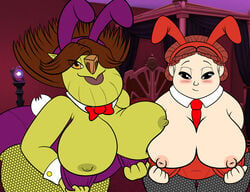 bagdwella bbw blush blushing breast_squish breasts brown_hair bunny_ears bunny_tail bunnysuit clothing commission crossover exposed_breasts exposing_chest female female_only fol'amor green_skin human large_breasts leggings lipstick monster nipples princess_(fol'amor) pulled_up_hair red_hair royalty ryujisama tagme tales_of_arcadia troll trollhunters updo wide_hips