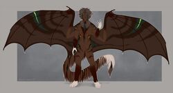 2018 brown_body brown_fur digital_media_(artwork) front_view full_length_portait fur green_eyes green_highlights grey_hair hair highlights_(coloring) huge_wings looking_at_viewer male shorty-antics-27 simple_background solo standing volatikai