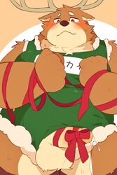 0119_muu 2020 anthro balls blush bodily_fluids brown_body brown_fur capreoline cervid christmas fur furry genital_fluids genitals hi_res holidays humanoid_genitalia humanoid_hands humanoid_penis kemono male male_only mammal overweight overweight_anthro overweight_male penis precum reindeer solo