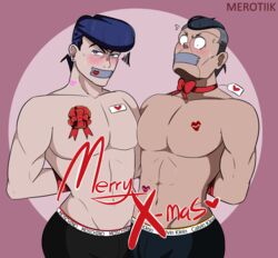 2boys abs blush christmas covered_mouth diamond_is_unbreakable gag jojo's_bizarre_adventure josuke_higashikata male male/male male_only merotik okuyasu_nijimura pecs pompadour shirtless tied_up yaoi