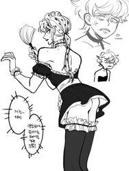 1boy 1girls ass crossdressing diavolo disturbed embarrassed feather_duster femboy feminization frills funny humiliation humor jojo's_bizarre_adventure lipstick looking_down maid maid_headdress maid_uniform male_focus no_panties sissy sweat thighhighs trish_una upskirt vento_aureo