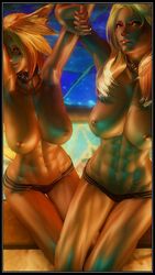 2girls 3d artist_request blonde_hair breasts breasts_out collar dark-skinned_female dark_skin demon demon_girl facial_mark female female_only final_fantasy final_fantasy_xiv first_person_view full_body gyaru hand_on_head hyur looking_at_viewer looking_pleasured markings medium_breasts miqo'te muscular muscular_female panties red_eyes short_hair sitting smile suggestive thick_thighs thin video_games yellow_eyes