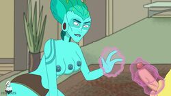 1boy 1girls 3_breasts 3_fingers adult_swim alien alien/human alien_girl biting_lip blue_nipples breasts female ferdafs green_skin interspecies keara_(rick_and_morty) morty_smith partial_male penis rick_and_morty telekinesis telekinesisjob topless younger_male