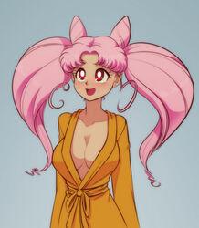 2020 aged_up bathrobe big_breasts bishoujo_senshi_sailor_moon breasts chibi_usa cleavage clothing female female_only medium_breasts pink_eyes pink_hair robe scorpdk solo