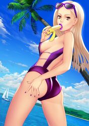 banana banana_in_mouth beach blonde_hair breasts eyewear_on_head female glasses_on_head hand_on_ass hato_higashikata jojo's_bizarre_adventure jojolion legendarysoulii long_hair one-piece_swimsuit orange_eyes pinup pinup_pose purple_lipstick purple_nails purple_swimsuit sunglasses sunglasses_on_head water