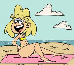 1girls barefoot beach bikini blonde_hair commission female female_only jose-miranda josethewey looking_at_viewer milf mother rita_loud sand straight_hair the_loud_house thick thick_thighs thighs towel