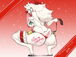 1girls animal_ears anthro ass blue_eyes buta99 caprine christmas christmas_hat female female_only fur furry furry_only goat goat_horns hooves horizontal_pupils horns leash legband long_ears long_hair looking_at_viewer looking_back merry_christmas mistletoe red_nose side-tie_bikini side-tie_panties sideboob small_tail solo solo_female squatting tail vanilla_(buta99) very_high_resolution white_fur white_hair