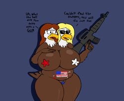 accipitrid accipitriform anthro avian bird breasts conjoined dialogue duo eagle eyewear female genitals gun pilot129 pussy ranged_weapon sunglasses weapon