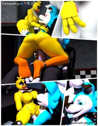 animatronic ass blush breasts chica_(fnaf) comic duo female five_nights_at_freddy's furaffinity genitals geometryboymejia geometryboymejia_(character) hi_res machine male patreon penis robot shy thegeckoninja tongue tongue_out twitter video_games