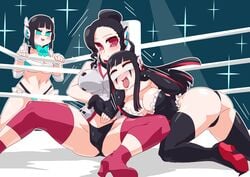 3girls android angel_wings as_(kamen_rider_zero_one) asphyxiation ass big_breasts big_butt black_hair black_panties black_swimsuit blue_background blue_eyes blue_ribbon blush catfight choke_hold devil_horns frilled_panties high_heels is_(kamen_rider_zero-one) kamen_rider kamen_rider_zero-one_(series) large_ass long_hair masochism open_mouth otokam1117 red_eyes ribbon robot_girl robot_humanoid shester_(kamen_rider_zero-one) short_hair smiling smug spotlight strangling thick_thighs thigh_highs thighhighs tied_hair tongue_out wrestling wrestling_femdom wrestling_move wrestling_outfit wrestling_ring